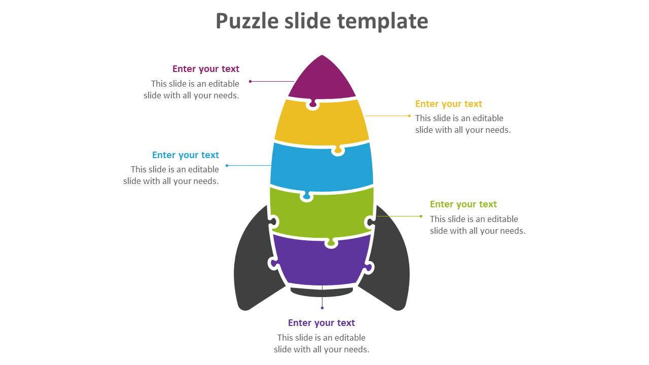 Puzzle PowerPoint template featuring a rocket with placeholder sections in multiple colors on a white backdrop.