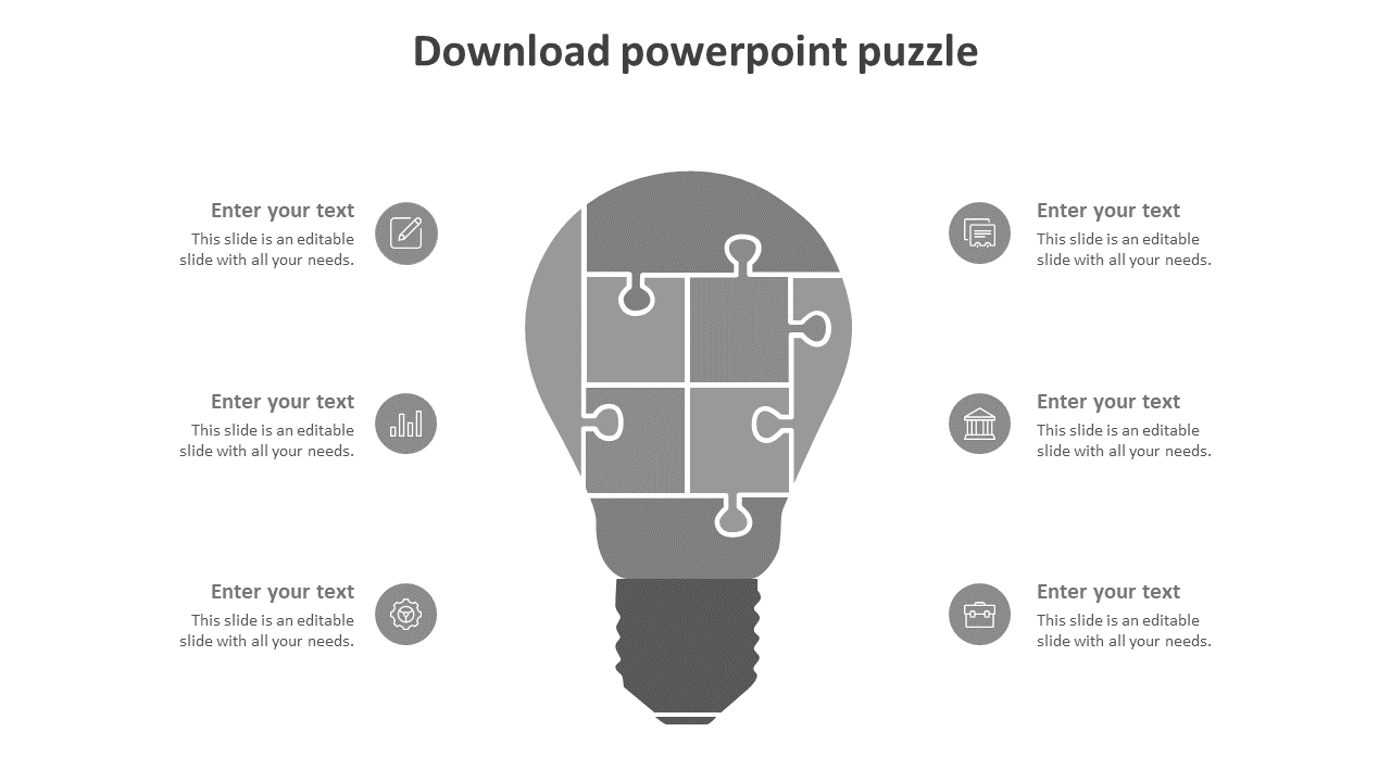 Slide with a gray lightbulb shaped puzzle and six sections surrounding it, each with an icon and space for text.