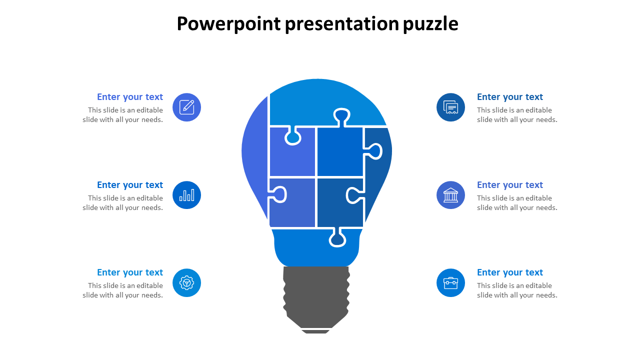 Slide with a blue lightbulb shaped puzzle in the center and six surrounding icons representing different concepts.