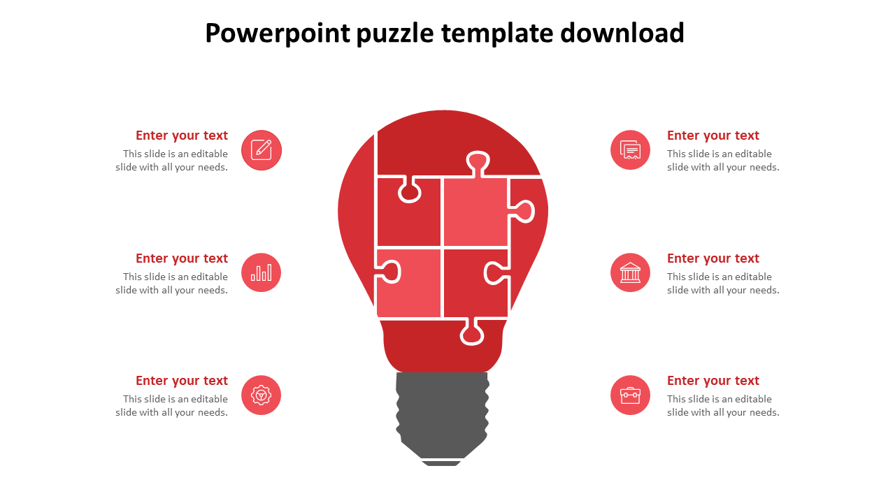 Microsoft puzzle PowerPoint template featuring a red light bulb with puzzle pieces and text sections with icons.