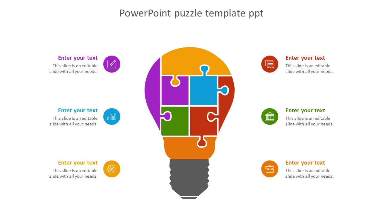 Puzzle-themed lightbulb diagram divided into colorful sections, with placeholders text and icons arranged on either side.