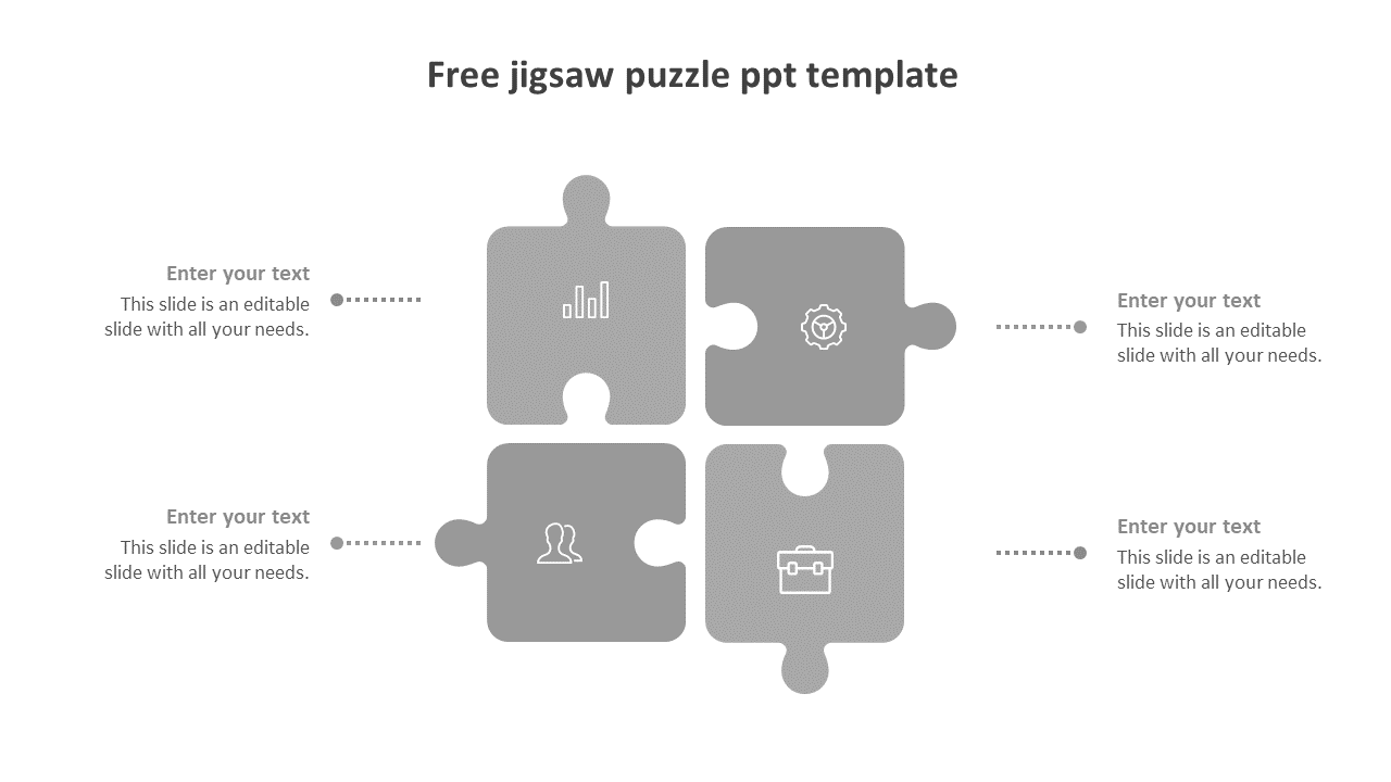 Four Jigsaw Puzzle PowerPoint slide with placeholder text and icons.