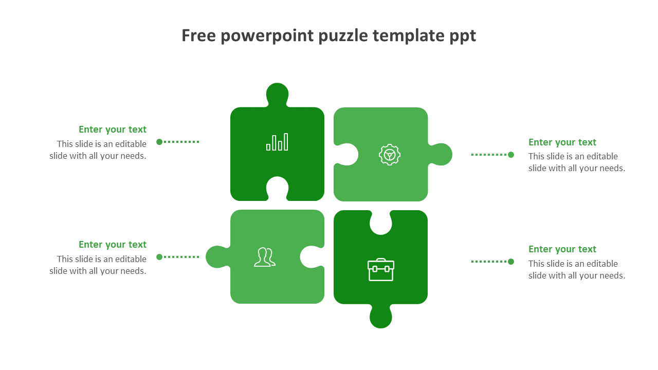 Puzzle template with four interlocking green pieces representing different concepts with icons and text.