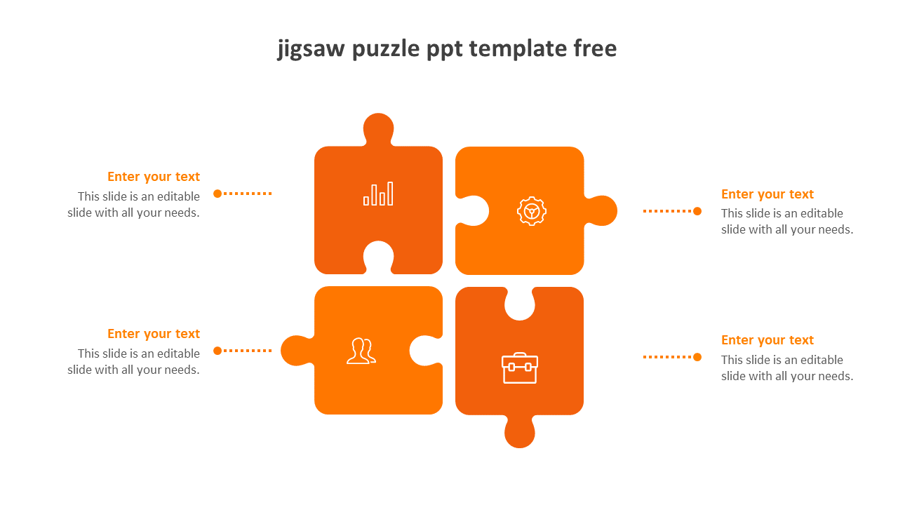 Orange puzzle graphic with four connected pieces and business icons, with placeholders for text around the image.