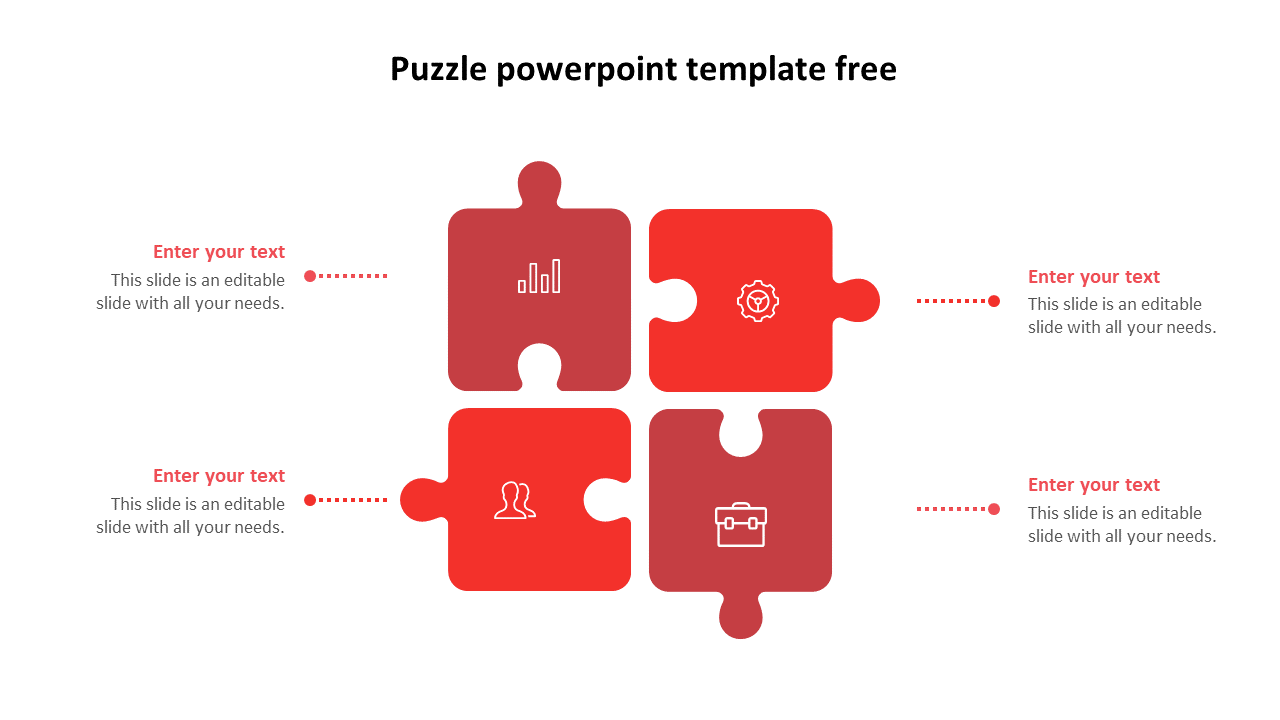 Template with four red puzzle pieces in a square layout, each containing different icons and text sections.