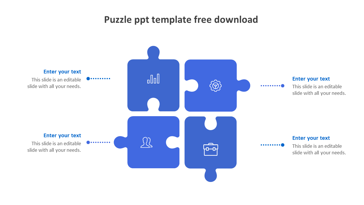 Blue jigsaw puzzle PowerPoint template with four interlocking pieces, each containing a business related icon.