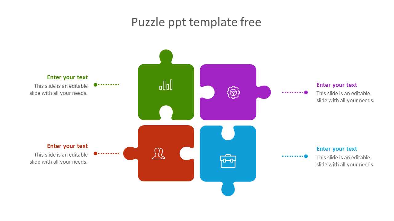 Four piece puzzle slide with green, purple, red, and blue sections, each with icons and text fields.