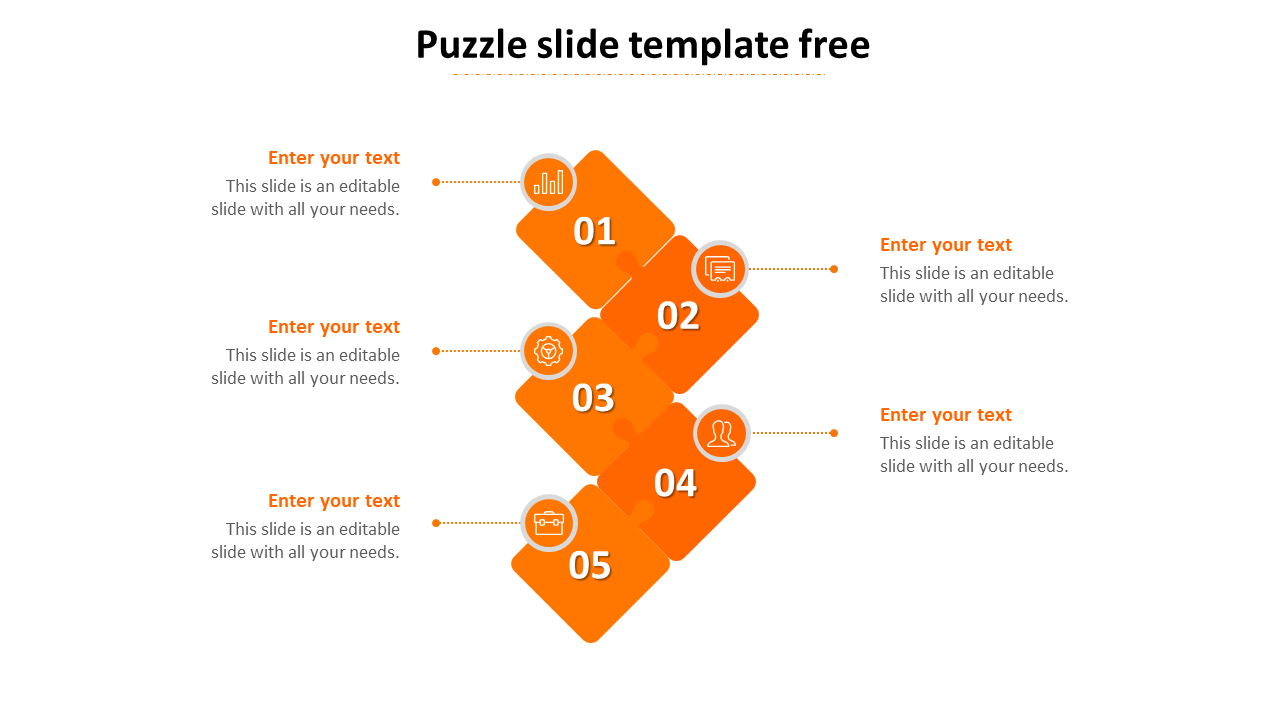 Five orange puzzle pieces with numbers, icons, and text placeholders, arranged vertically, on a white background.