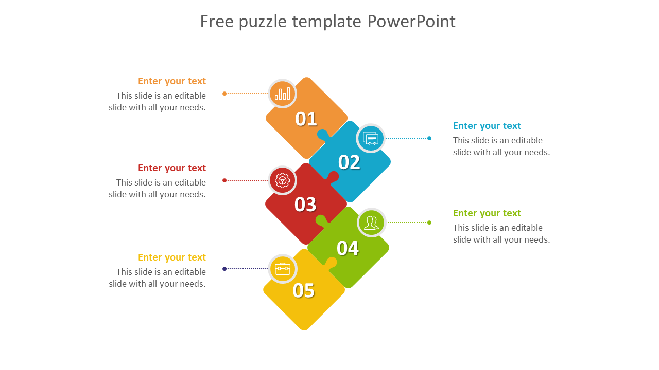 Colorful puzzle themed PowerPoint template with five numbered pieces connected diagonally and text areas.