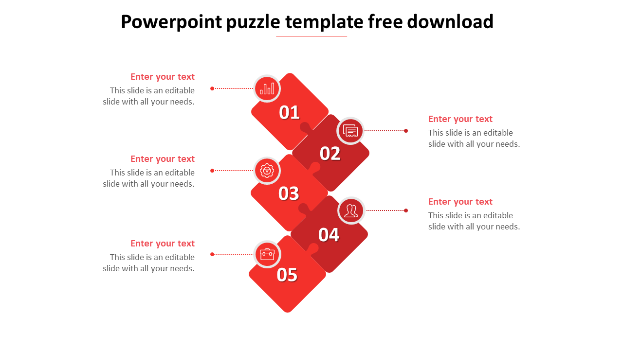 Vertical sequence of red puzzle pieces numbered 1 to 5, with corresponding text areas on both sides.