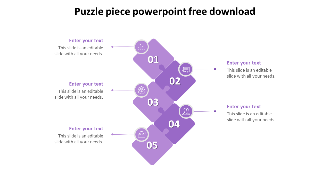 Puzzle piece PowerPoint template with a five step process flow, featuring numbered purple pieces and business icons.