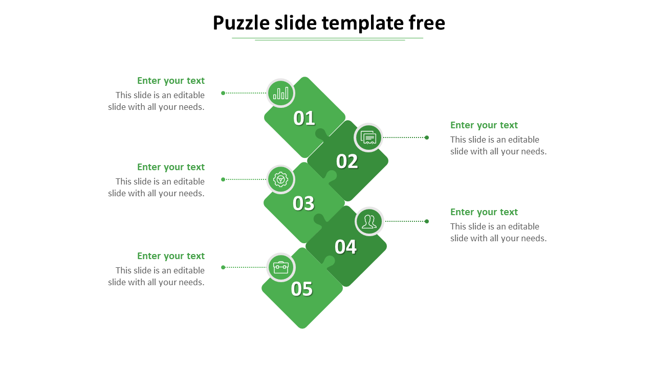 Puzzle piece PowerPoint template with a five step process flow, featuring numbered green pieces and business icons.