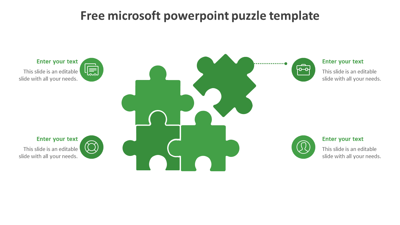 Slide featuring four green puzzle pieces, with one is detached, connected with corresponding icon and text.