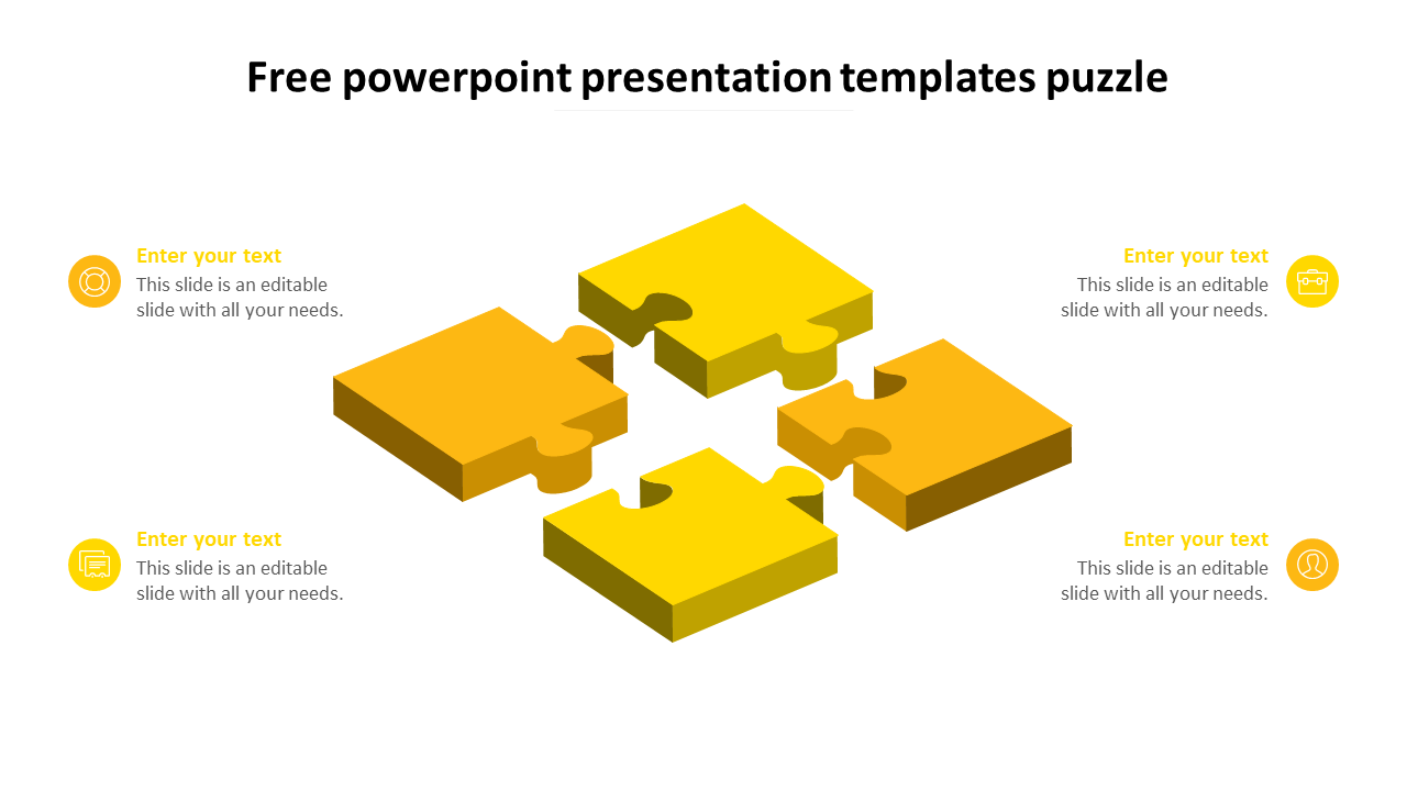 Slide showing four interlocking yellow puzzle pieces with icons and placeholders for text.