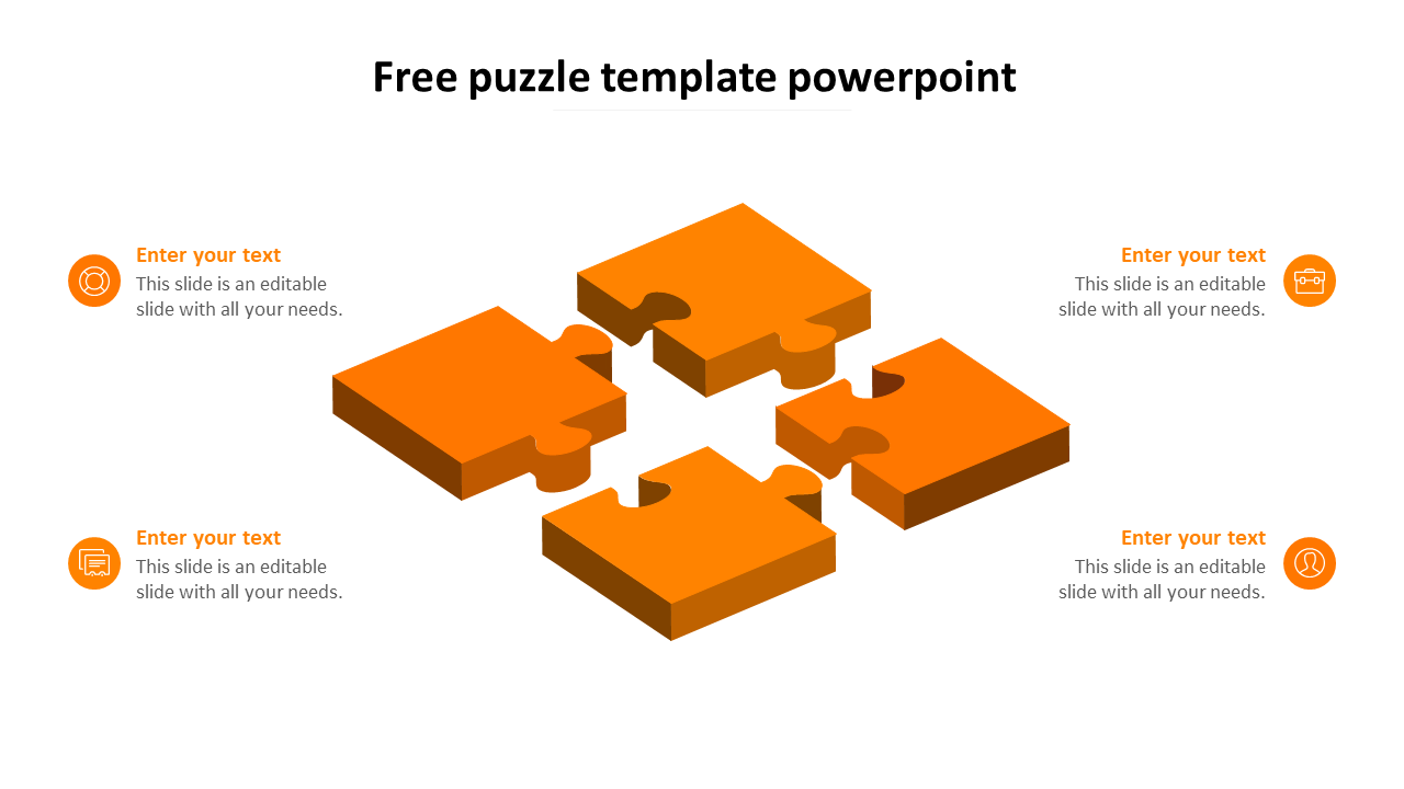 3D layout of four interlocking orange puzzle pieces arranged in a square, with text sections on each side.