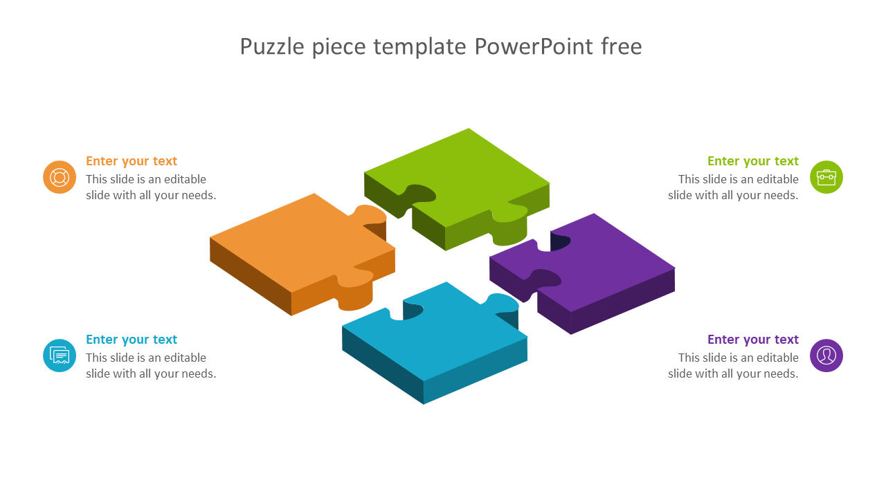 Slide featuring colorful 3D puzzle pieces with placeholder text and icons.