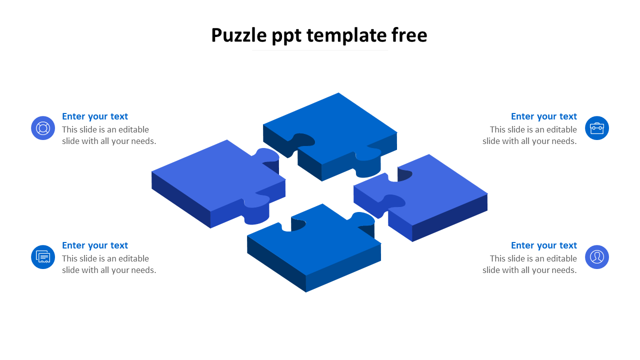 Puzzle template featuring four blue puzzle pieces connected in the center with icons and text fields on both sides.