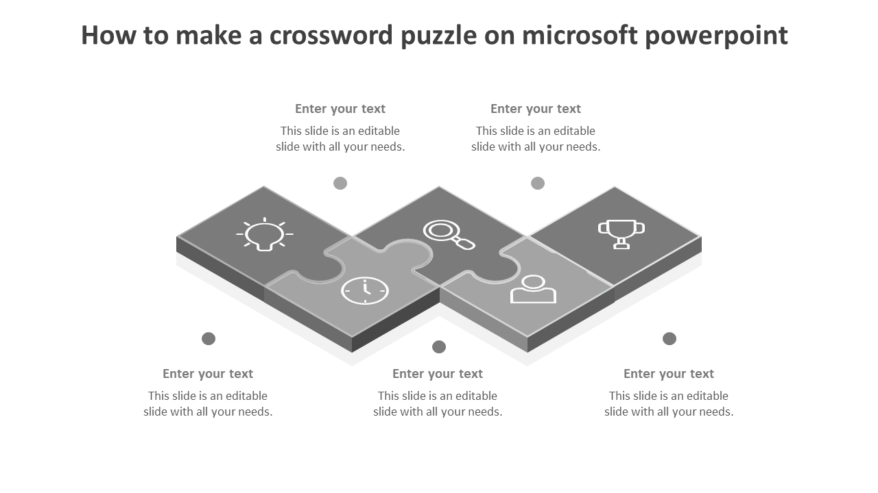 Guide on creating a crossword puzzle in PowerPoint with interconnected pieces showing various icons and placeholder text.