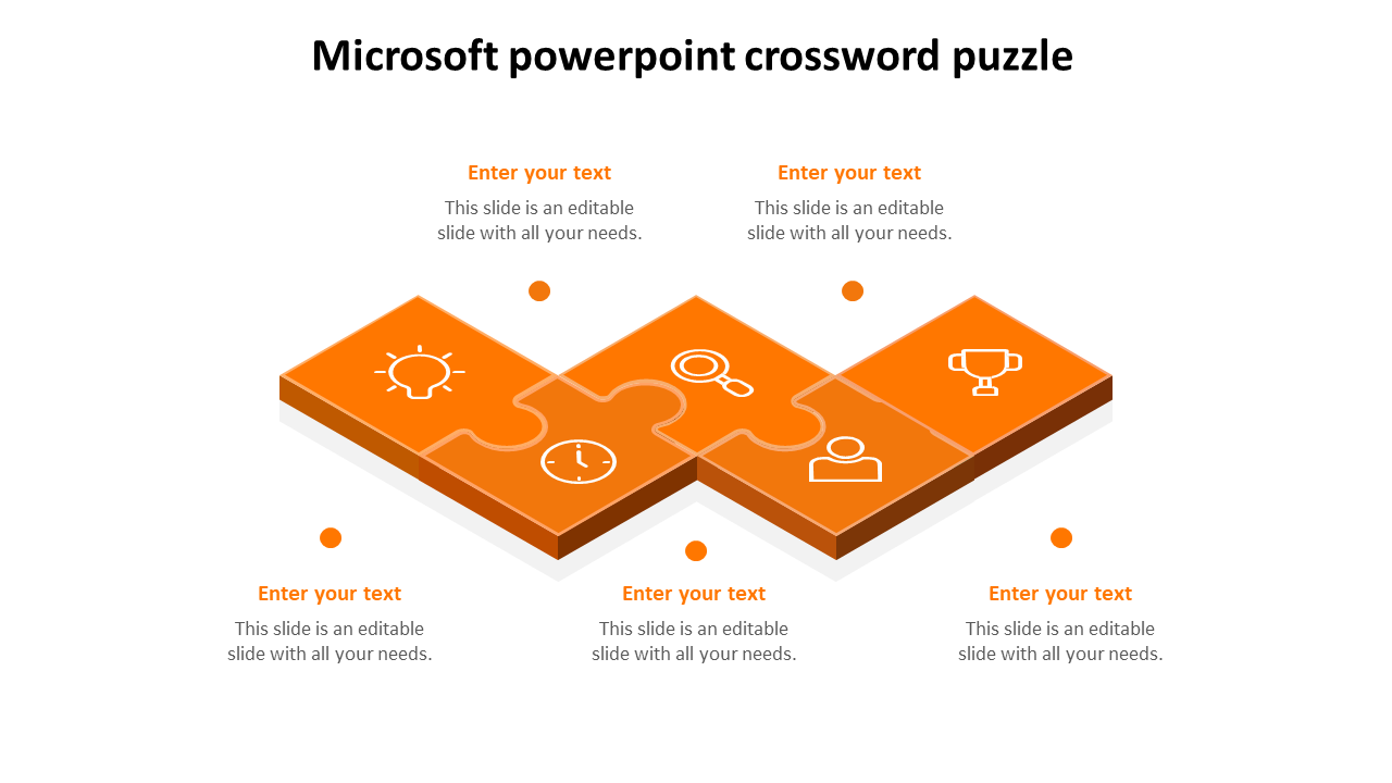 A template featuring four vertical blocks in orange, showcasing icons for business concepts and placeholders text areas.