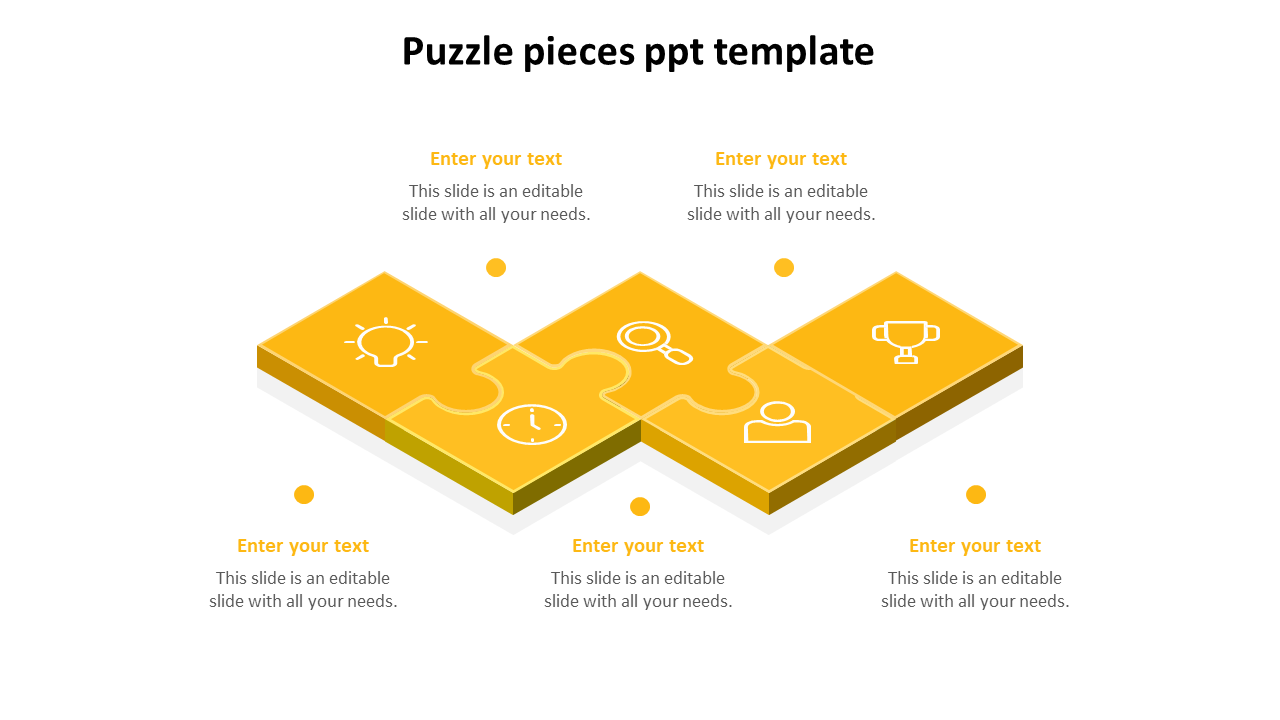 Yellow puzzle piece diagram with four interlocked segments, each with an icon and text placeholders above and below.