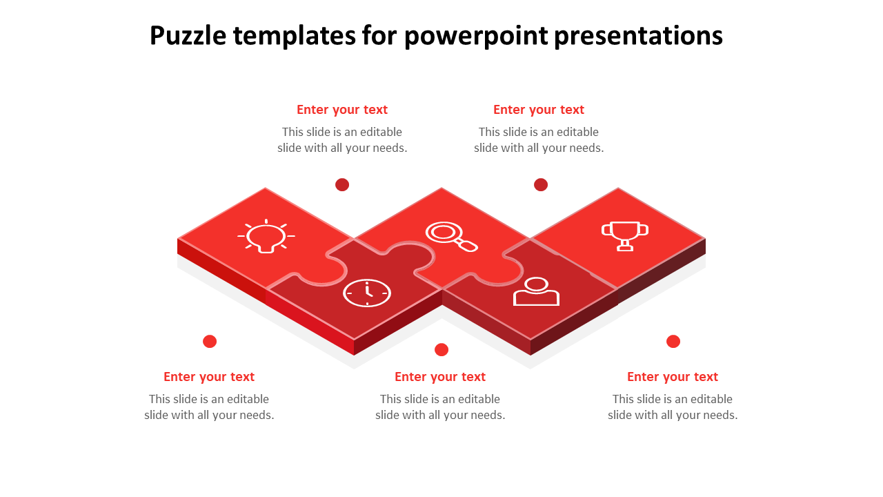 Five red puzzle pieces connected diagonally, each with a white icon and text placeholders on both sides.