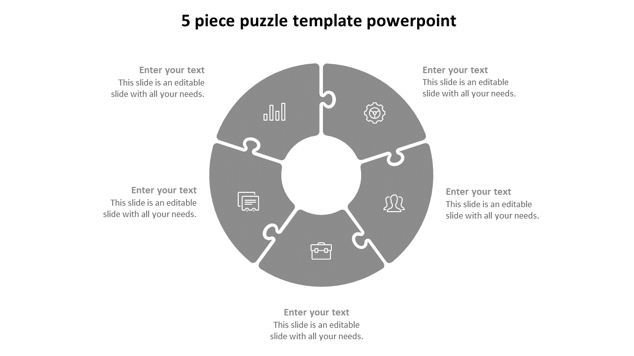 Circular five piece puzzle diagram slide, each featuring an icon representing different concepts, with text around it.