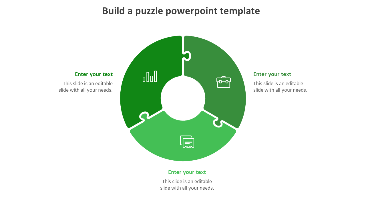 Green circular puzzle PowerPoint template with three connected segments with icons and text placeholders.