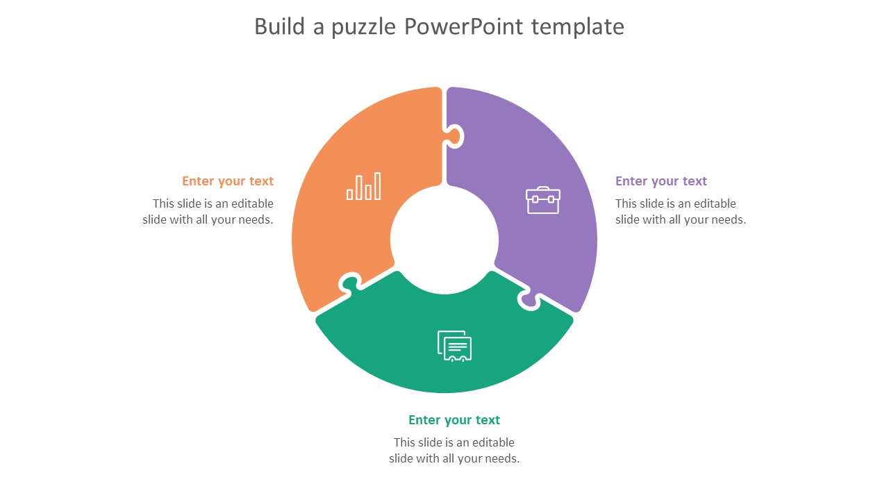 Three piece circular puzzle diagram in orange, purple, and green, each containing an icon and space for text.