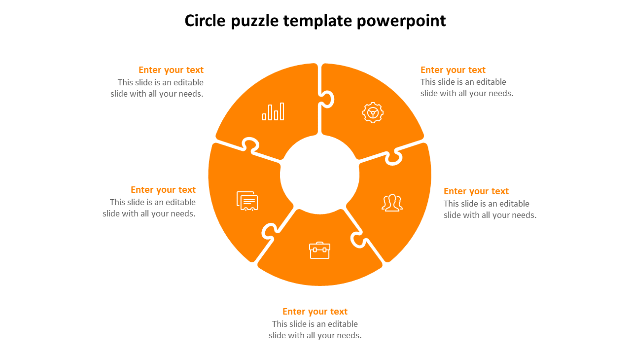  Circular puzzle template divided into six orange segments, each containing an icon, with placeholders text.