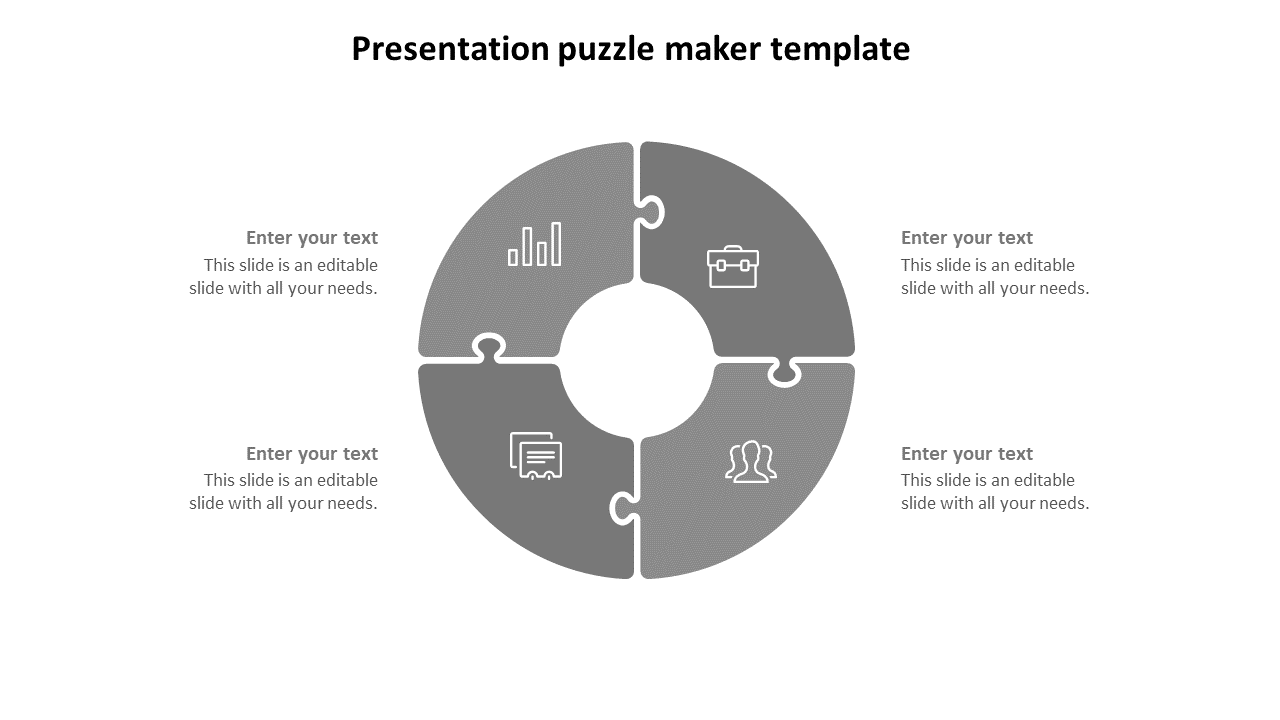 Four piece circular puzzle template with icons for analytics, briefcase, team, and chat with placeholder text.