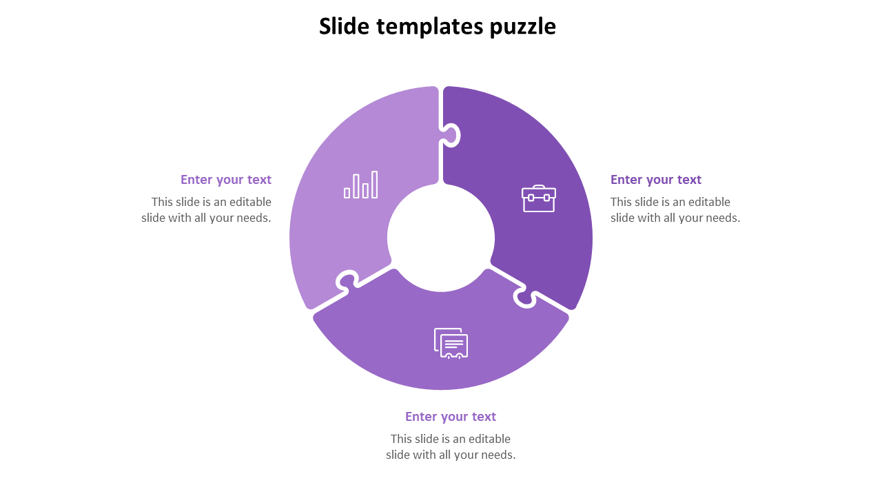 Puzzle style Google Slides template with four segments for entering text, featuring icons for data, briefcase, and document.