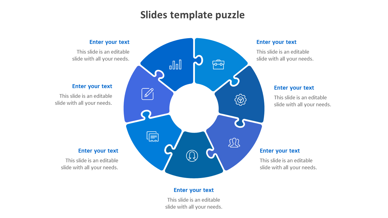 Circular design in blue with seven puzzle pieces, each representing an icon, and space for text on each segment.