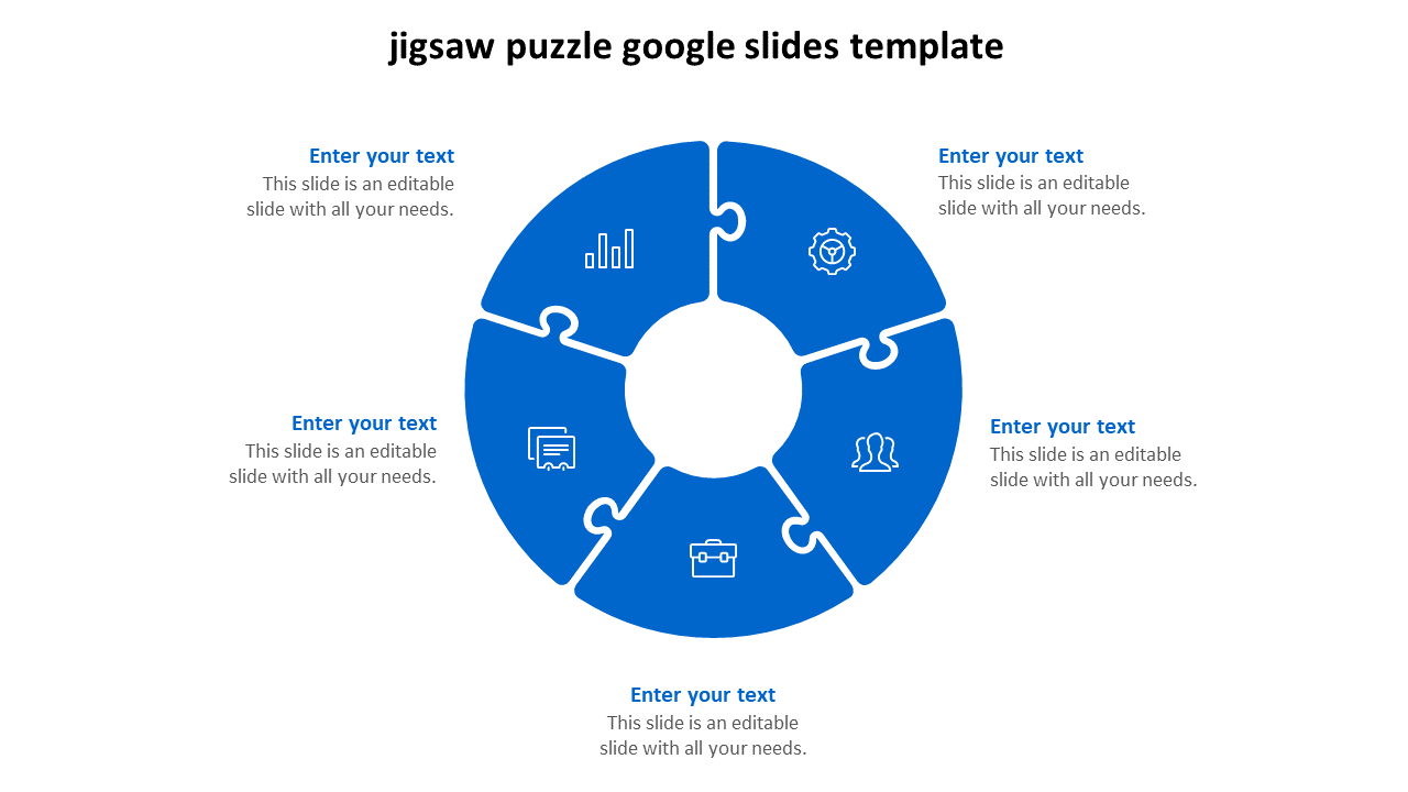 Blue circular jigsaw puzzle Google Slides template with five interlocking segments and text placeholders.