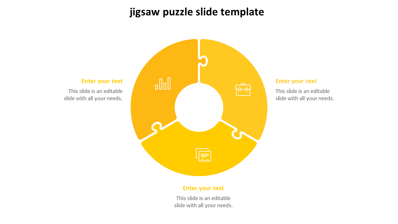 Three-part jigsaw puzzle in a circular layout, colored in yellow, with icons for business elements and placeholder text