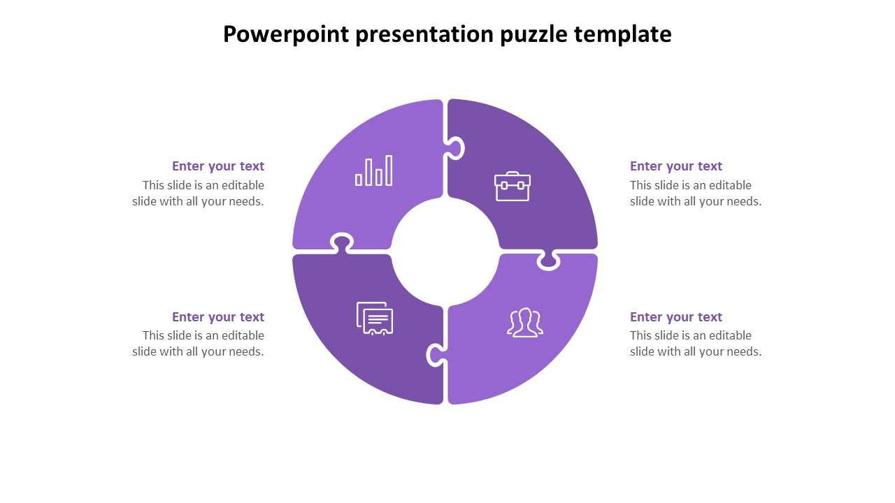 Purple themed circular puzzle slide with four segments, each containing an icon and a placeholder for text.