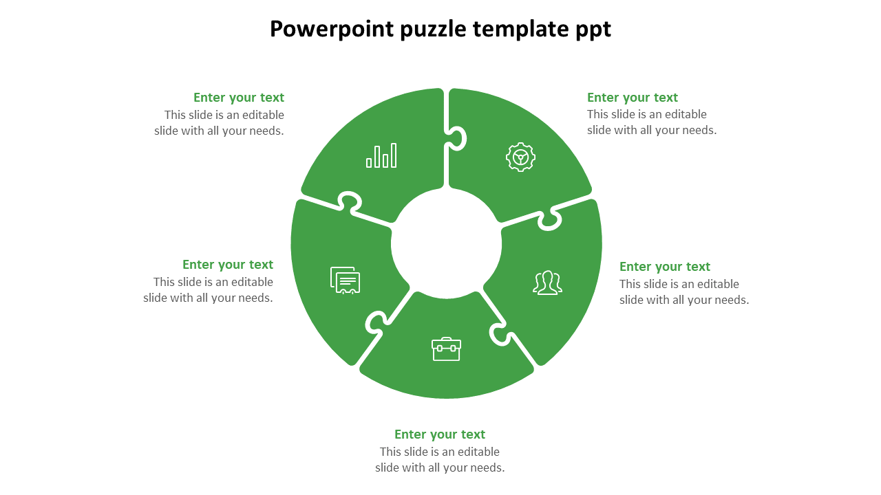 Green circular puzzle with five pieces, each containing an icon, surrounded by captions on all sides.