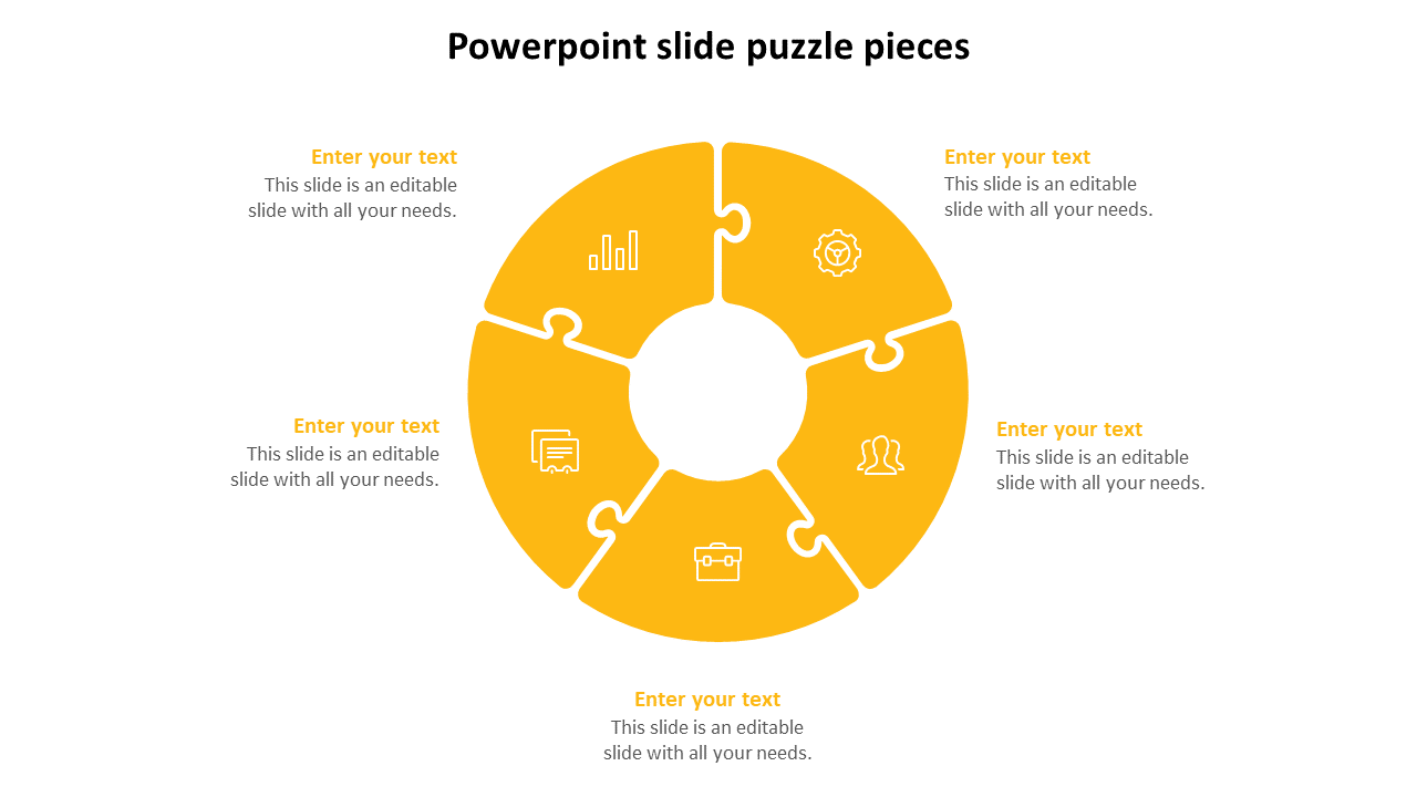 Yellow circular puzzle diagram with five sections, each featuring an icon, with text areas placed around it.