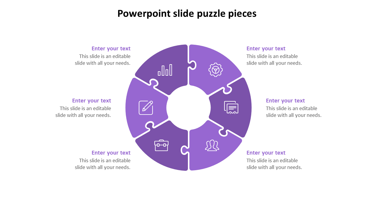 Circular purple puzzle diagram with six segments, each featuring icons like a graph, gear, and briefcase.