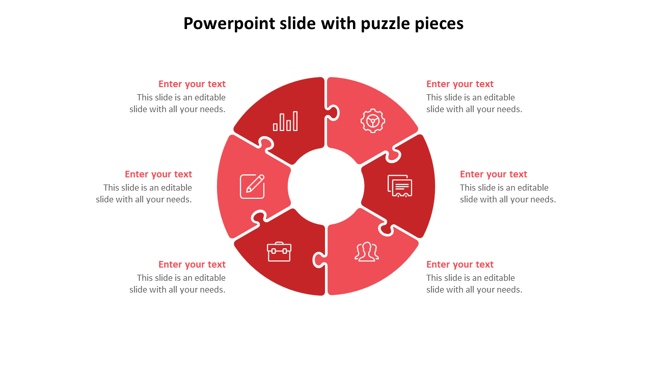 Circular infographic in red with six puzzle pieces, each with a unique icon, and text areas around it.