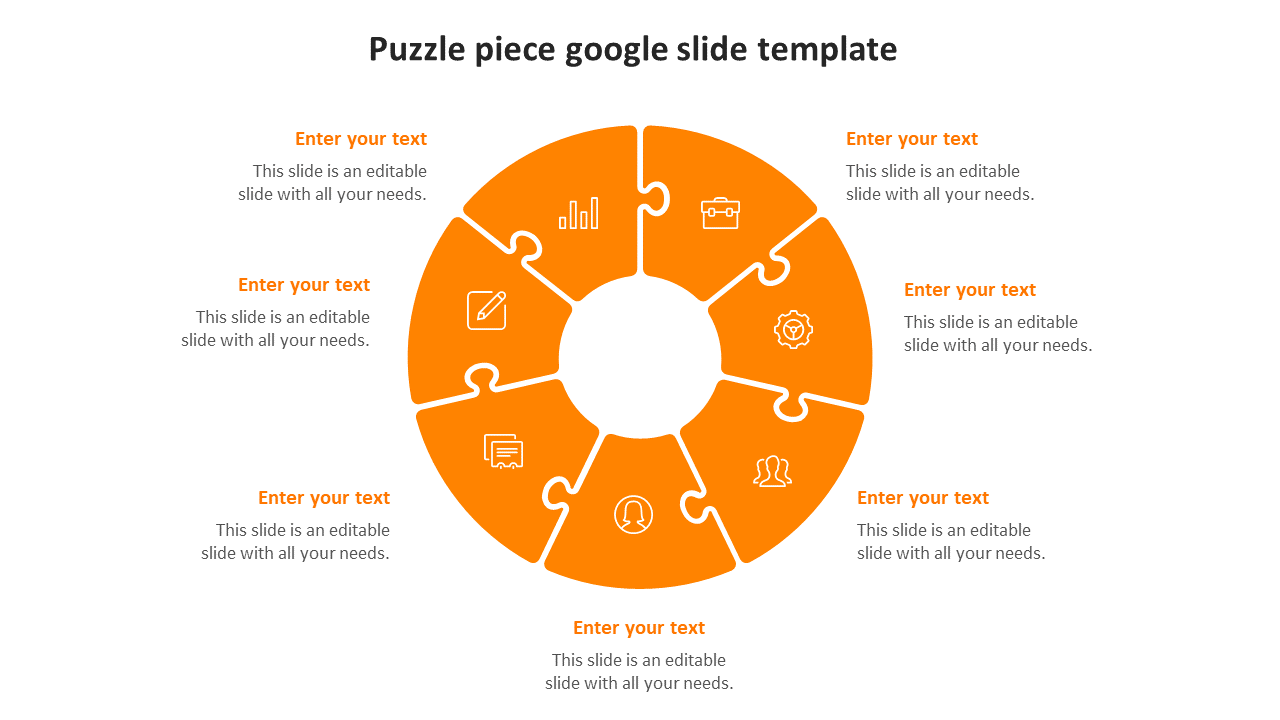 Circular orange puzzle graphic divided into seven pieces, each with an icon and text areas on a white background.