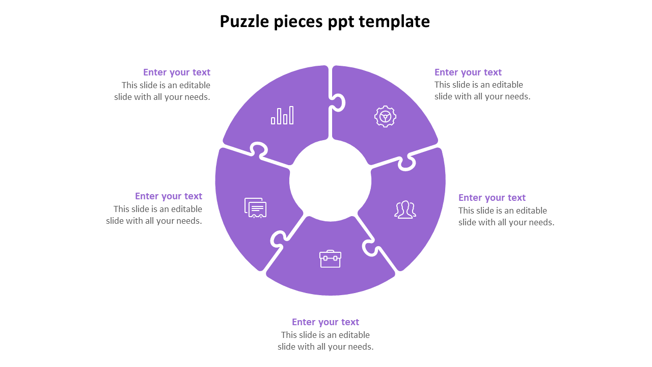 Purple puzzle design with five pieces, each featuring an icon, arranged in a circular layout with space for text.