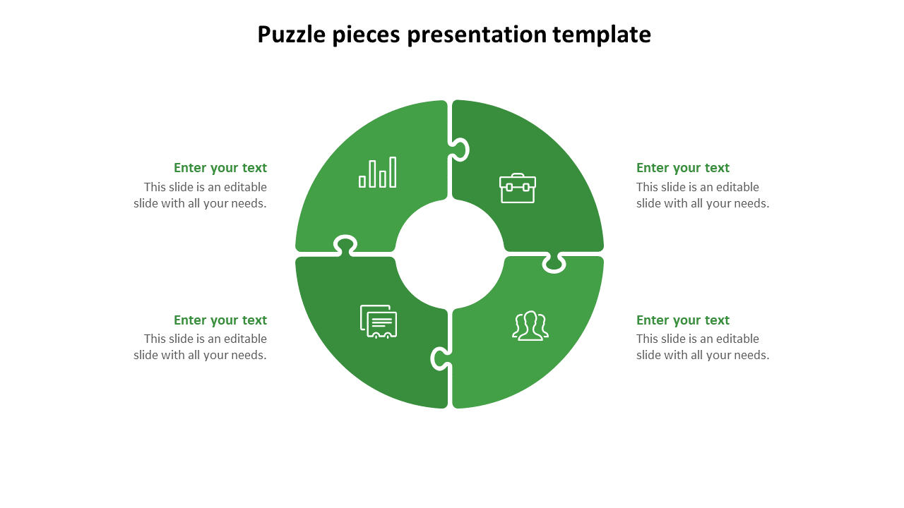 Four green puzzle pieces arranged in a circular pattern, each segment containing an icon with text on the side.