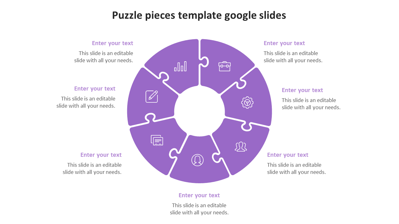 Purple circular puzzle infographic featuring business icons on each piece, surrounded by placeholders text areas.