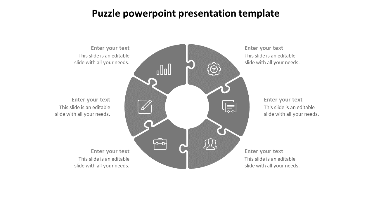 Grey circular puzzle PowerPoint template with six interlocking segments, icons, and text placeholders on a white backdrop.