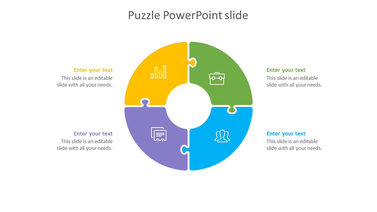 Colorful puzzle PowerPoint slide with four sections, each representing different icons with placeholder text.