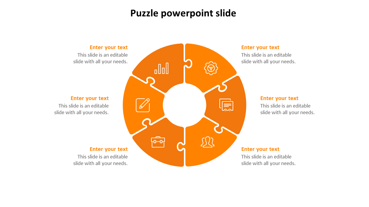 Puzzle-style circular infographic divided into six orange pieces, each segment showing an icon and caption areas.