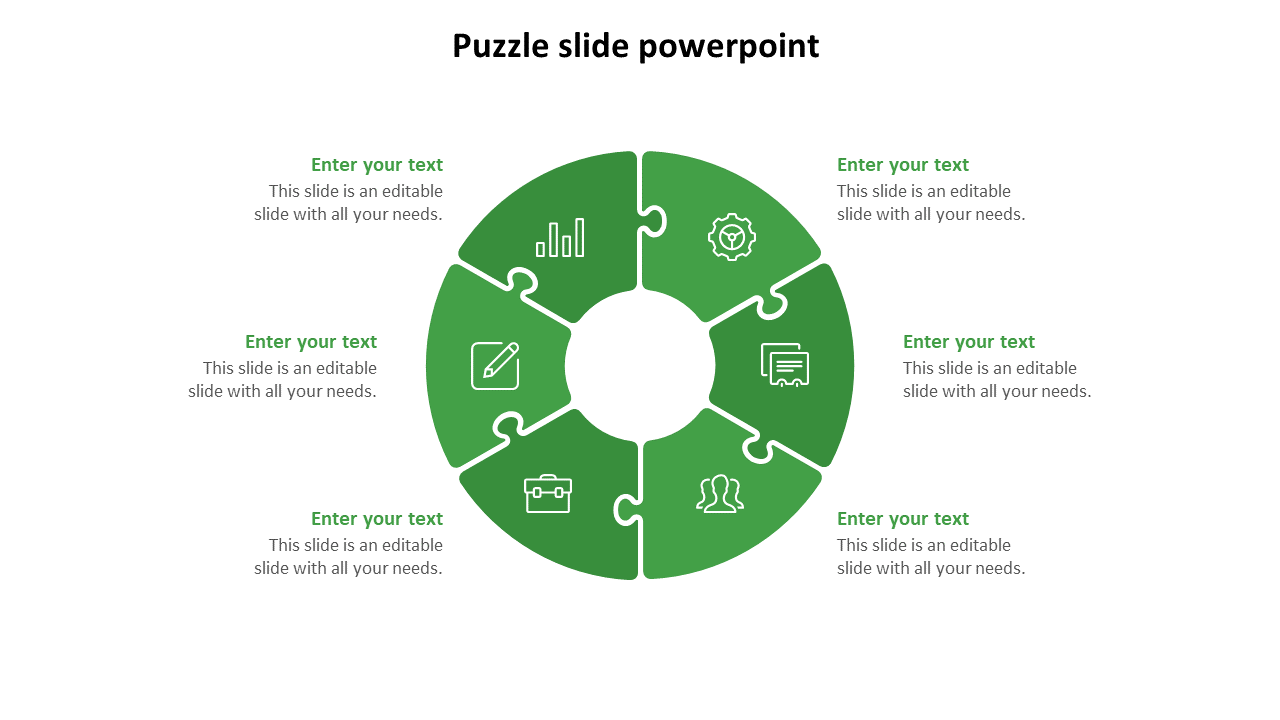 Circular puzzle layout with six green segments, each containing an icon, surrounded by text placeholders.