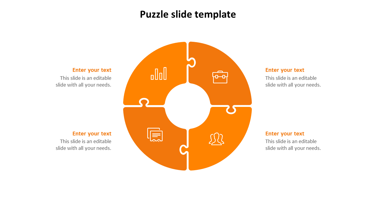 Circular puzzle layout with four orange segments, each containing an icon, surrounded by white space.