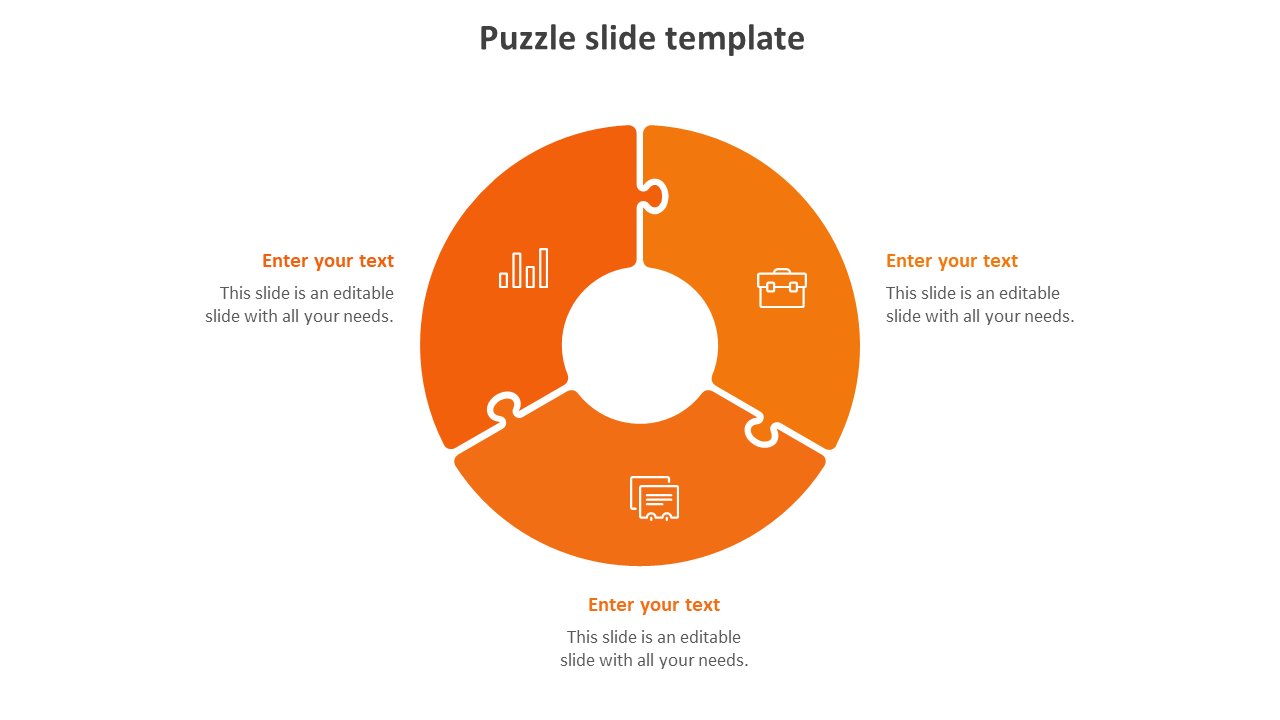 Orange circular puzzle PPT slide with three interlocking segments, icons, and text placeholders on a white backdrop.