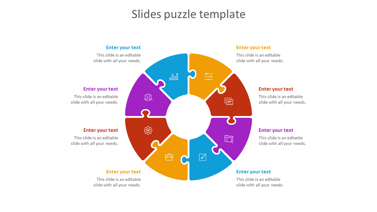 Eight-piece circular puzzle infographic, featuring various icons and placeholder text surrounding the diagram.